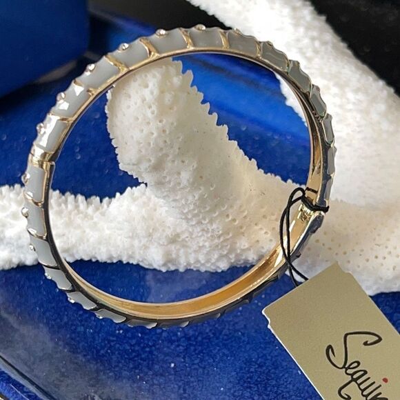 Sequin Jewelry - White Enamel Geometric Pattern Accented with Clear Crystals in Gold Hinged NWT